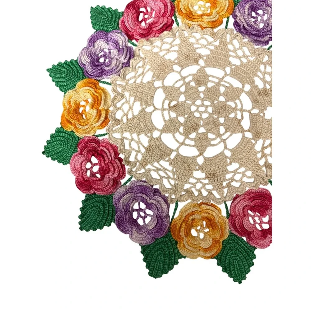 Handmade Crochet Rose‎ Posy Doily 12 Inch Floral Centerpiece Decor